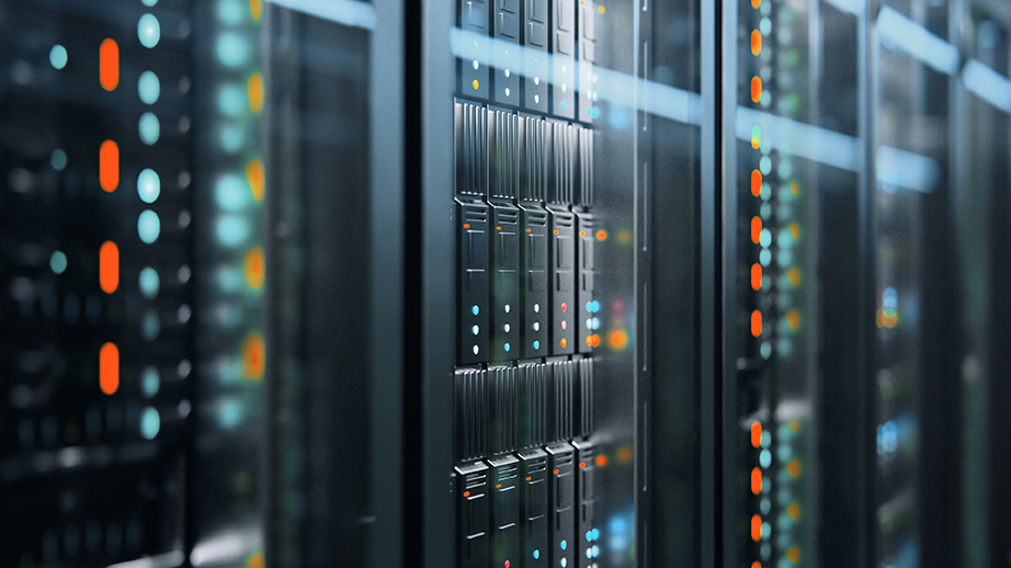 Camera slowly moving in data center showing server equipment wit Server equipment in data center.