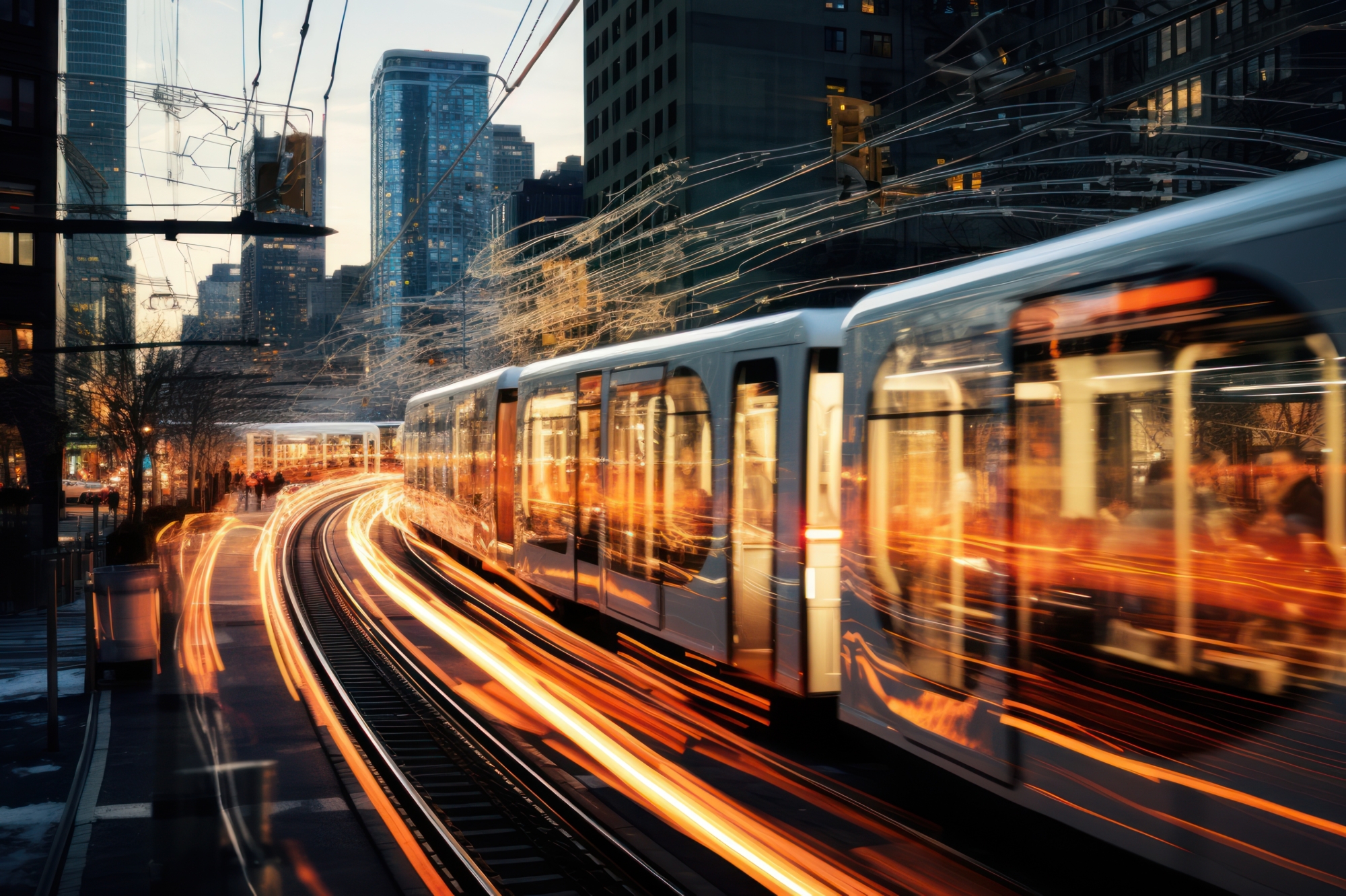 Abstract lights over a train driving through a metropolitan city.