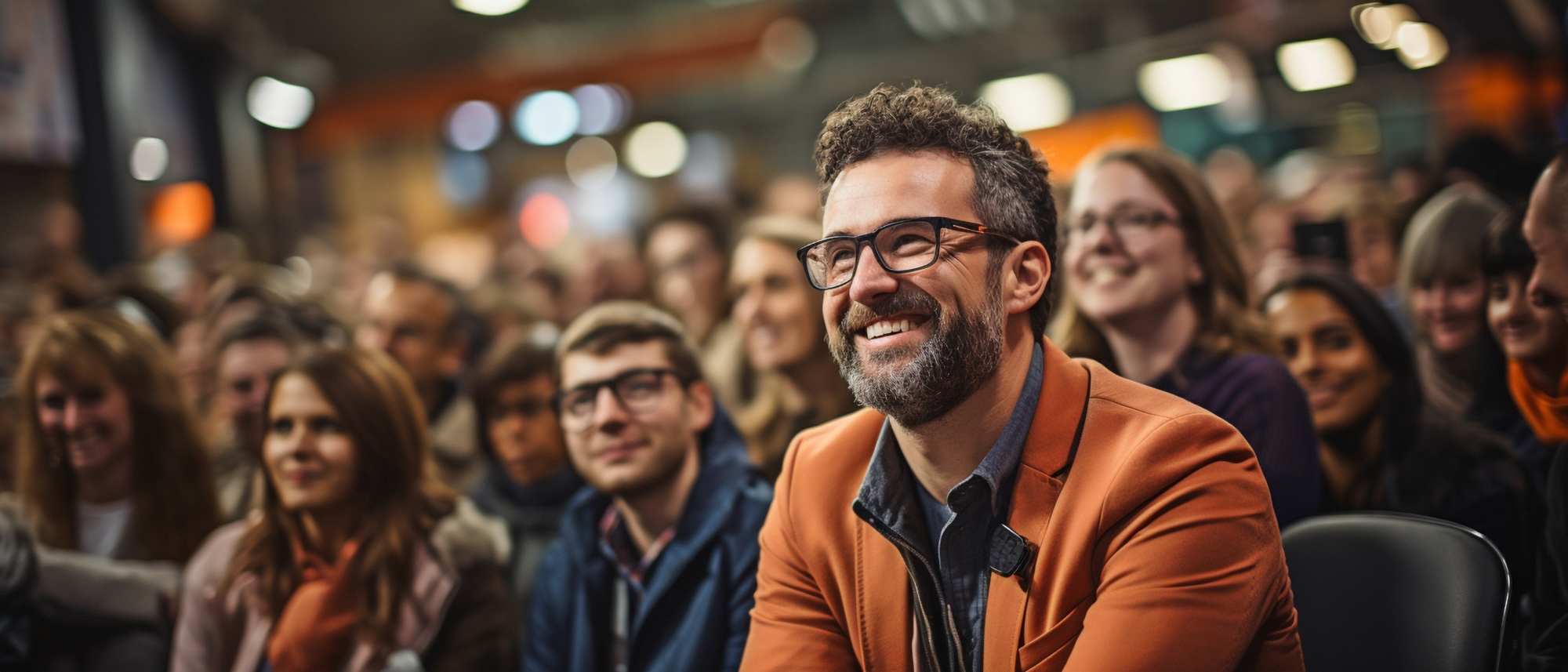 Group of people listening to a conference speaker.