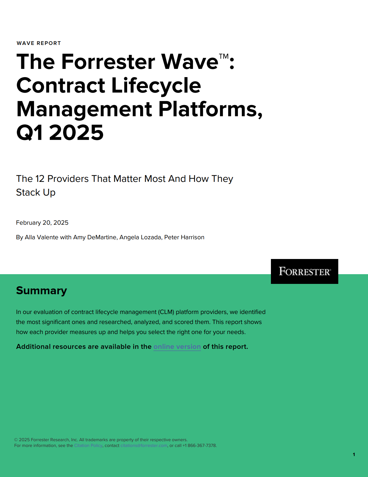 The Forrester Wave™: Contract Lifecycle Management Leaders, Q1 2025 by strength of offering and strength of strategy. Agiloft is named a leader.