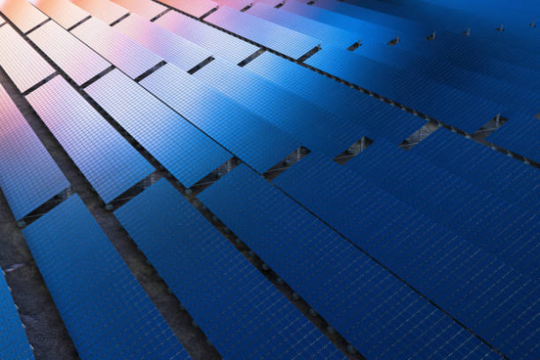 Top down view of rows of solar batteries in the field.