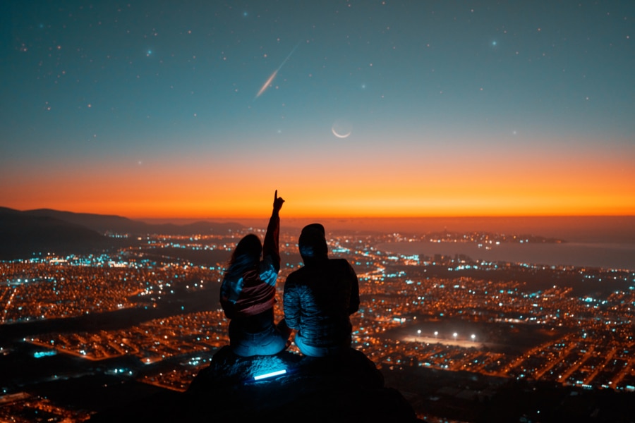 Couple overlooking city at night