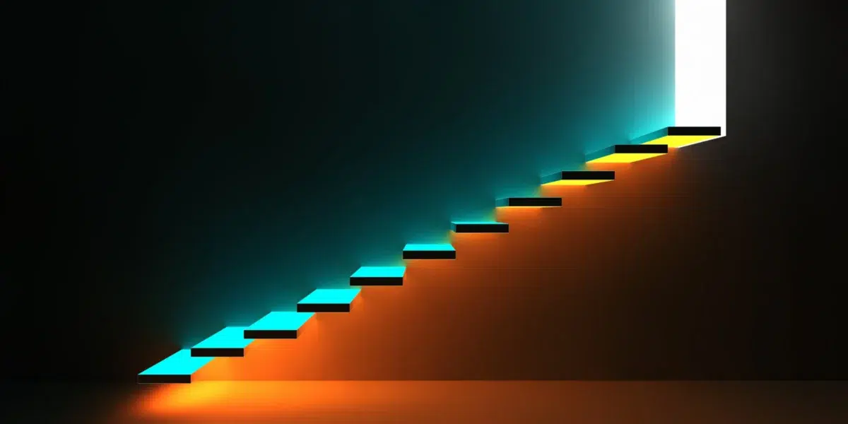 Stairs with a blue and orange glow leading to an open door